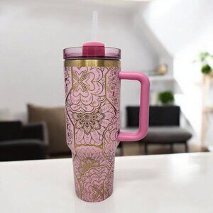 Mandala Hidden Swear Word 40oz Pink and Gold Laser Engraved Tumbler
